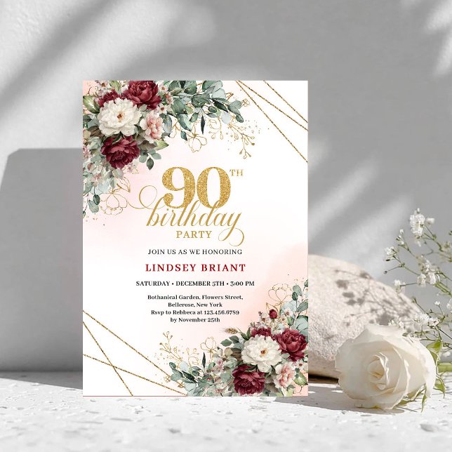Convite Luxury Deep Red Floral Gold 90th Birthday Invite (Luxury Deep Red Floral Gold 90th Birthday Invitation)