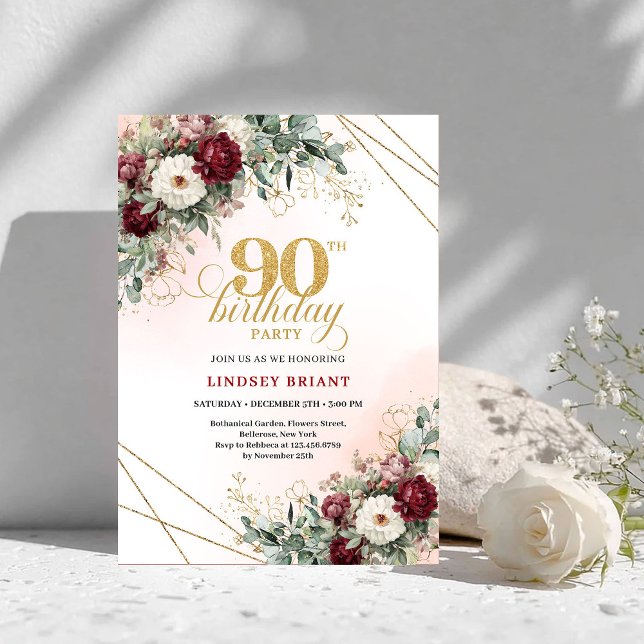 Convite Luxury Deep Red Floral Gold 90th Birthday Invite (Luxury Deep Red Floral Gold 90th Birthday Invitation)