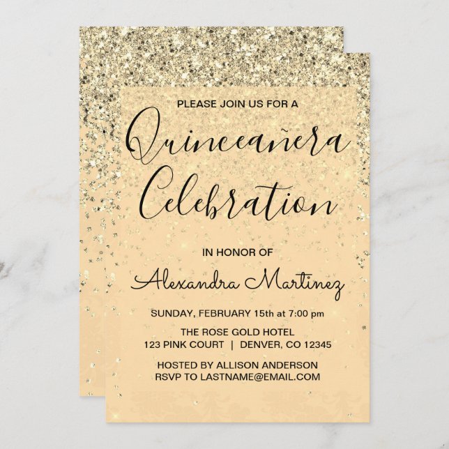 Convite Luxury Dourado Girly Glitter Sparkle Quinceanera (Frente/Verso)