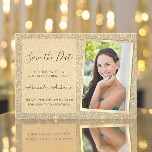 Convite Luxury Dourado Glitter Sweet 16 Salve a data (Criador carregado)