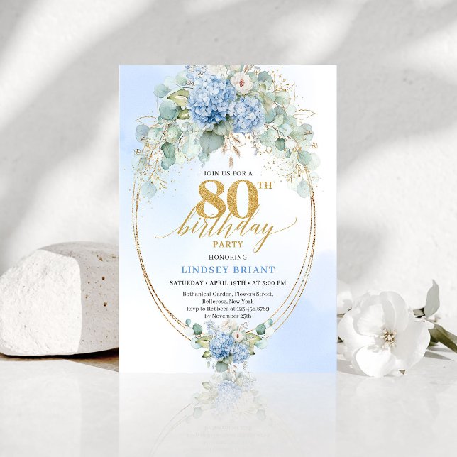 Convite Luxury Dusty Blue Floral Gold 80th Birthday Invite (Luxury Dusty Blue Floral Gold 80th Birthday Invite)