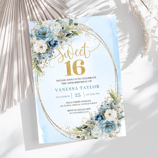 Convite Luxury Dusty Blue Floral Sweet Sixteen Birthday  (Luxury Dusty Blue Floral Sweet Sixteen Birthday Invite)