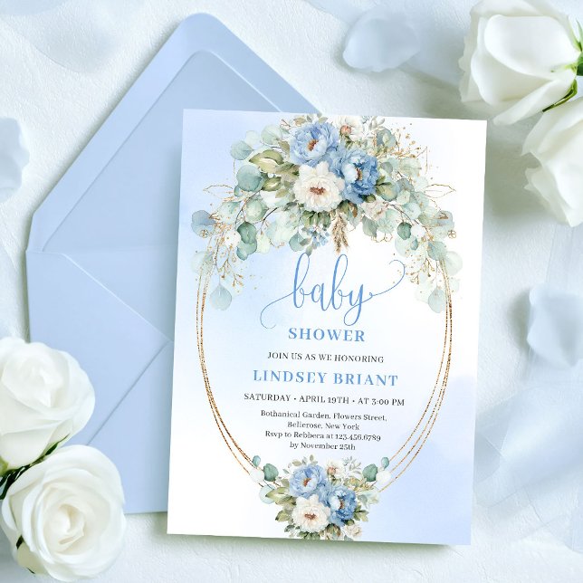 Convite Luxury Dusty Blue Flowers Eucalyptus Gold Baby  (Luxury Dusty Blue Flowers Eucalyptus Gold Baby Shower)