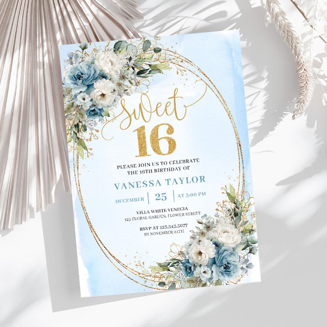 Convite Luxury Dusty Blue Greenery Sweet Sixteen Invite (Luxury Dusty Blue Greenery Sweet Sixteen Invite)