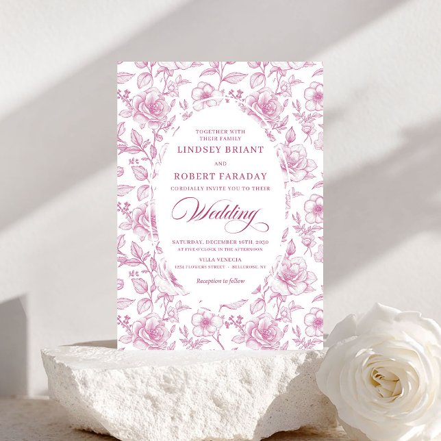 Convite Luxury Dusty Pink Toile Roses Wedding Invitation (Luxury Dusty Pink Toile Roses Wedding Invitation)