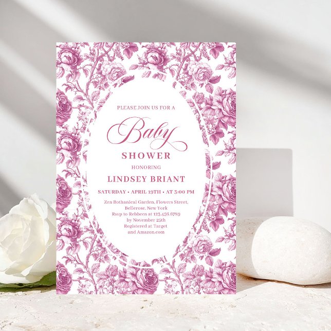 Convite Luxury Dusty Rose Floral Toile Baby Shower Invite (Luxury Dusty Rose Floral Toile Baby Shower Invitation)