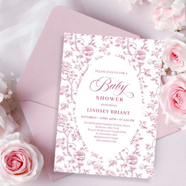 Convite Luxury Dusty Rose Floral Toile Baby Shower Invite (Luxury Dusty Rose Floral Toile Baby Shower Invitation)