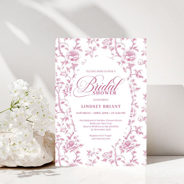 Convite Luxury Dusty Rose Floral Toile Bridal Shower Invit (Luxury Dusty Rose Floral Toile Bridal Shower Invitation)
