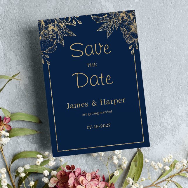 Convite Luxury elegante marinho azul-ouro floral Salve a d (Luxury elegant navy blue gold floral Save the Date )