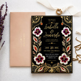 Convite Luxury Embroidered Floral Black and Gold Elegant