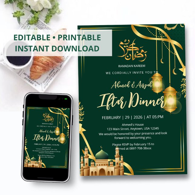 Convite Luxury Emerald Green and Gold Mosque Iftar Dinner (Criador carregado)