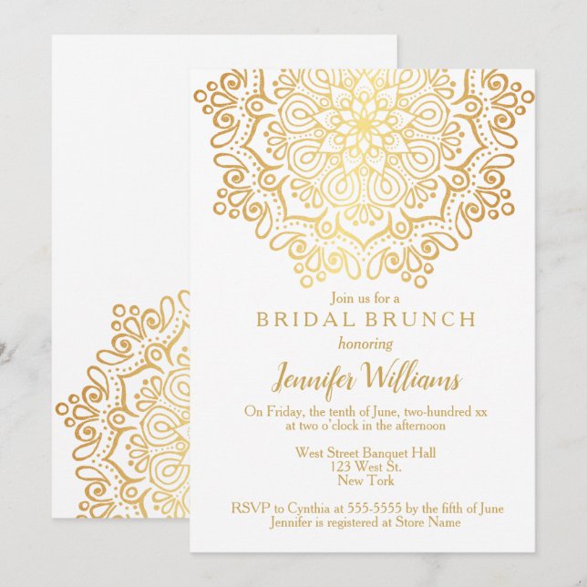 Convite Luxury Faux Dourado Mandala White Bridal Brunch (Frente/Verso)