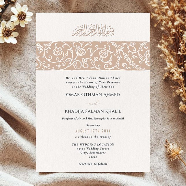 Convite Luxury Floral Beige Islamic Muslim Wedding (Criador carregado)