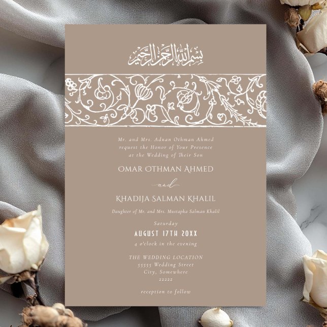 Convite Luxury Floral Cream Beige Islamic Muslim Wedding (Criador carregado)