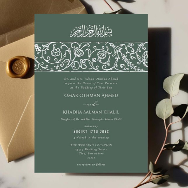 Convite Luxury Floral Dusty Green Islamic Muslim Wedding (Criador carregado)