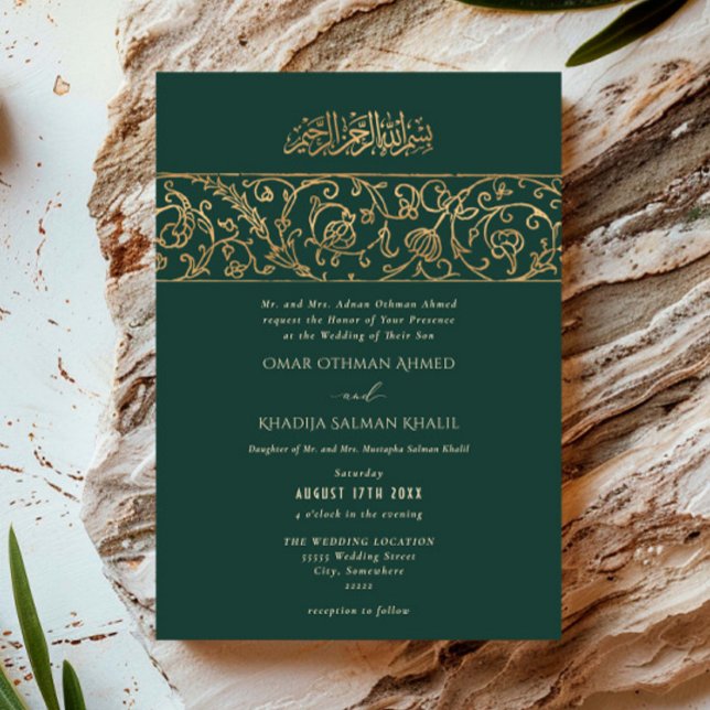 Convite Luxury Floral Emerald Green & Gold Islamic Wedding (Criador carregado)