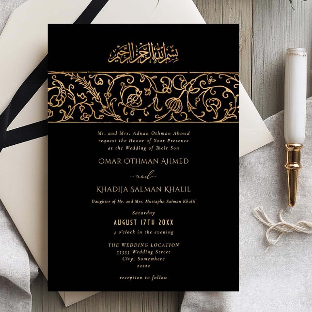 Convite Luxury Floral Gold Black Islamic Wedding (Criador carregado)