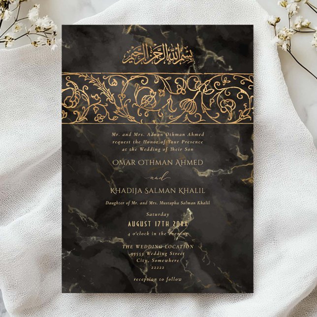 Convite Luxury Floral Gold Black Marble Islamic Wedding (Criador carregado)