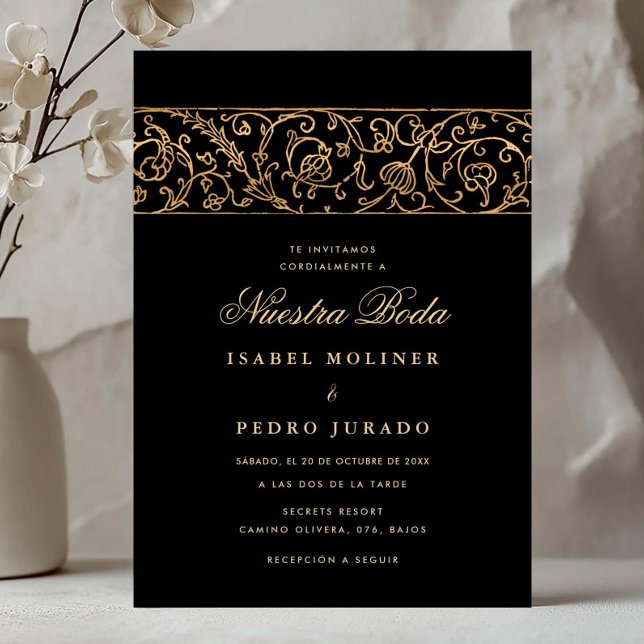 Convite Luxury Floral Gold & Black Nuestra Boda Wedding (Criador carregado)