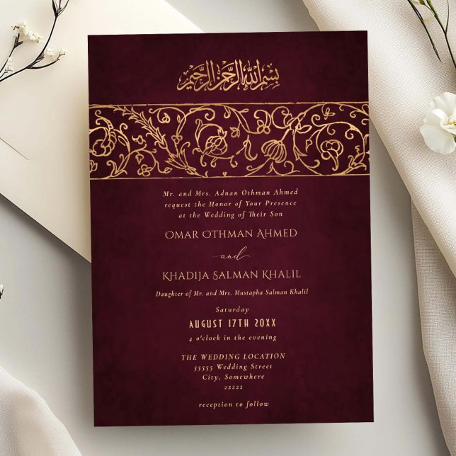 Convite Luxury Floral Gold Burgundy Islamic Muslim Wedding (Criador carregado)
