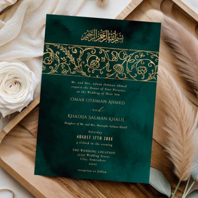 Convite Luxury Floral Gold Green Islamic Muslim Wedding (Criador carregado)