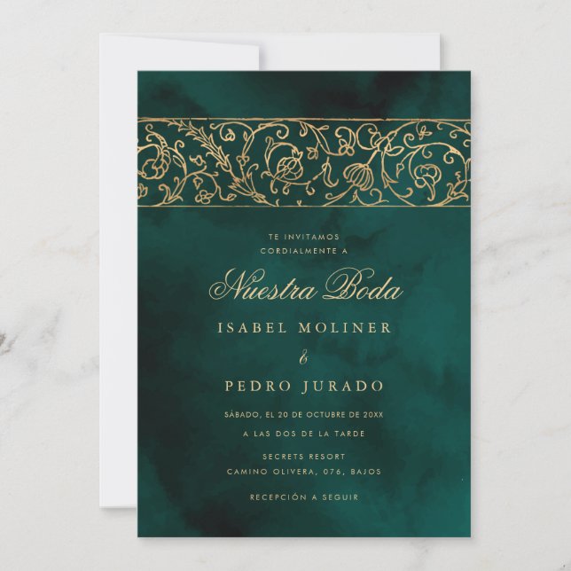 Convite Luxury Floral Gold & Green Nuestra Boda Wedding (Frente)