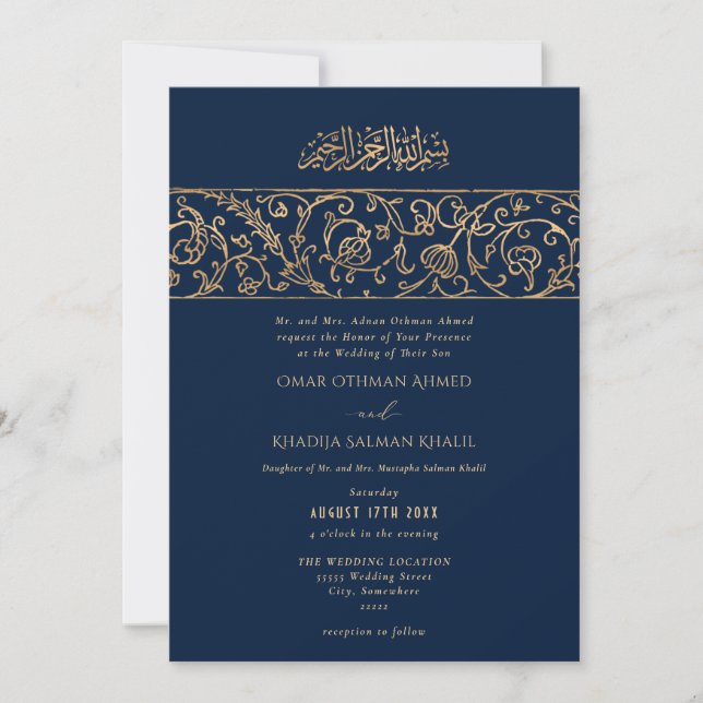 Convite Luxury Floral Gold Navy Blue Islamic Wedding (Frente)
