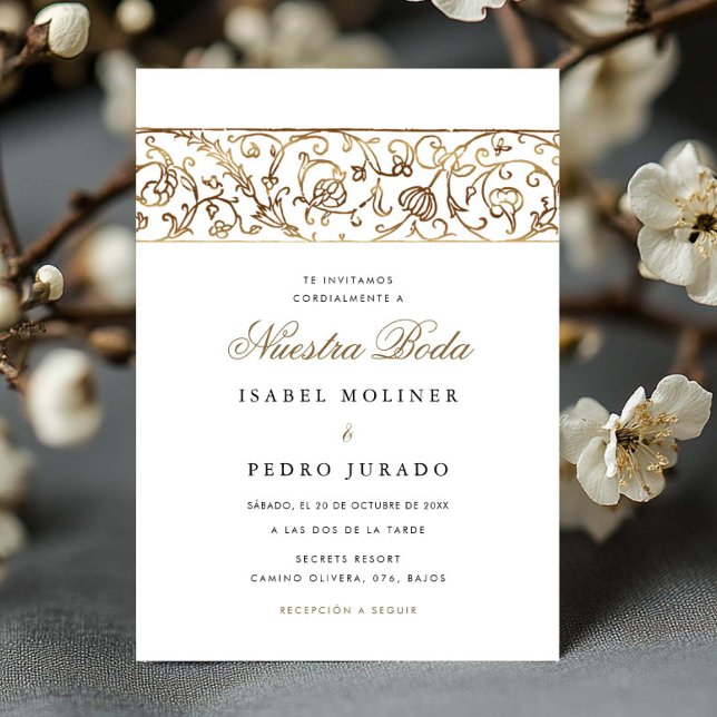 Convite Luxury Floral Gold Nuestra Boda Spanish Wedding (Criador carregado)