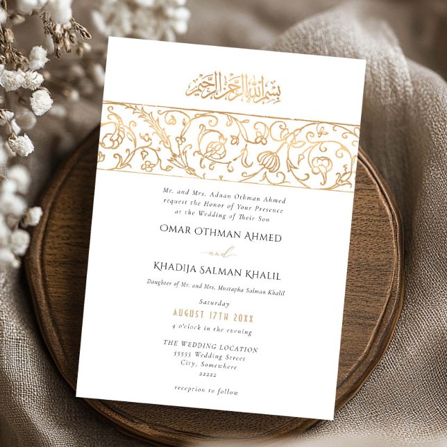 Convite Luxury Floral Gold & White Islamic Muslim Wedding (Criador carregado)
