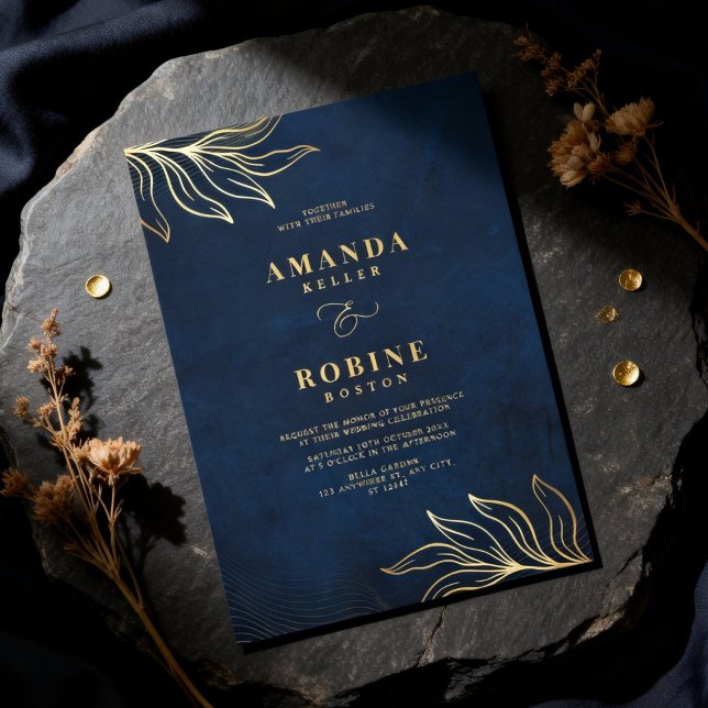 Convite Luxury Floral Navy Blue & Gold Wedding (Criador carregado)