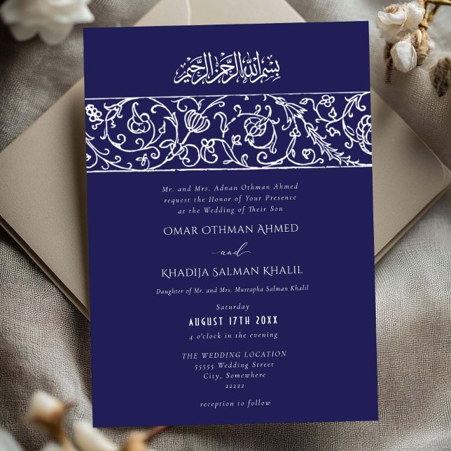 Convite Luxury Floral Royal Blue Islamic Muslim Wedding (Criador carregado)