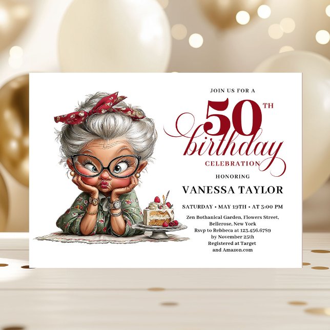 Convite Luxury Funny Lady 50th Birthday Cartoon Humor  (Luxury Funny Lady 50th Birthday Cartoon Humor Invitation)
