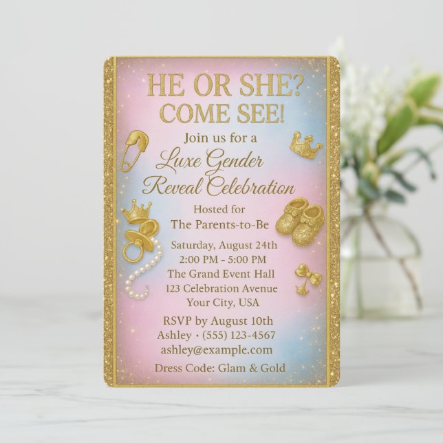 Convite Luxury Gender Reveal Invitation with Gold Glitter (Em pé/Frente)