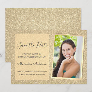 Convite Luxury Glitter Dourado Sweet 16 Salve a data