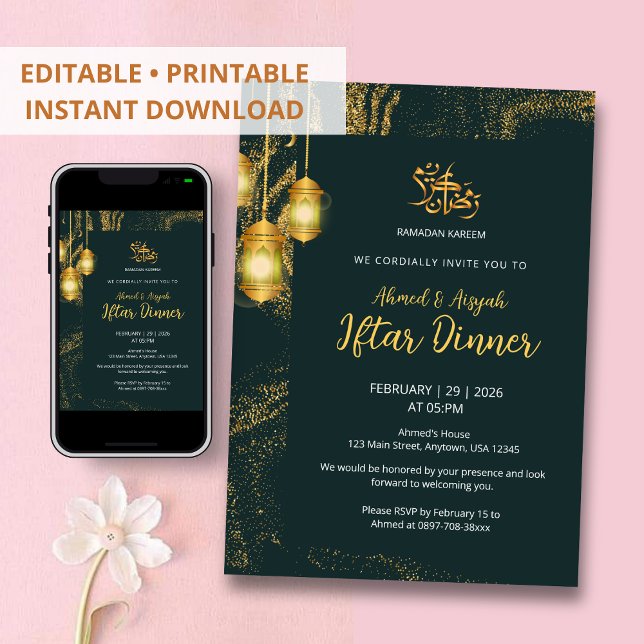 Convite Luxury Gold and Dark Emerald Iftar Dinner (Criador carregado)