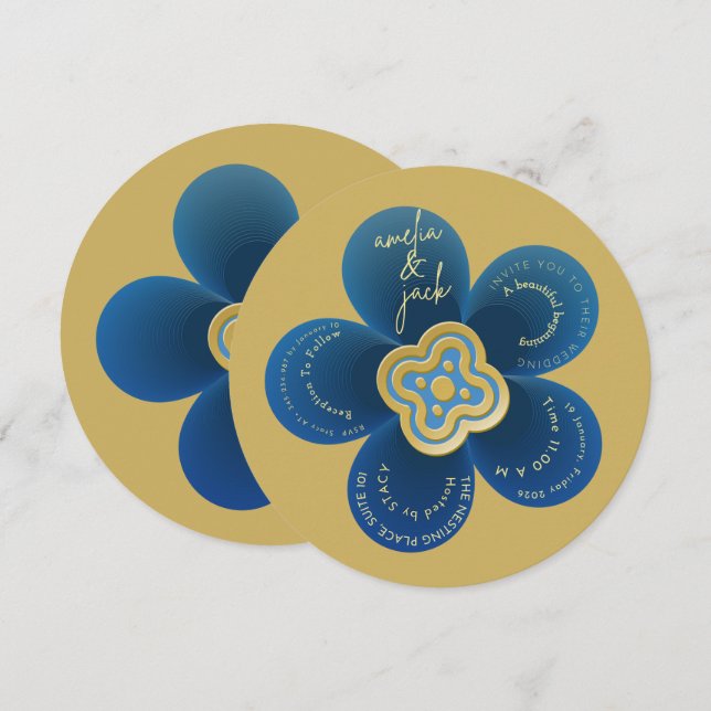Convite Luxury Gold and Navy Blue Floral Wedding  (Frente/Verso)