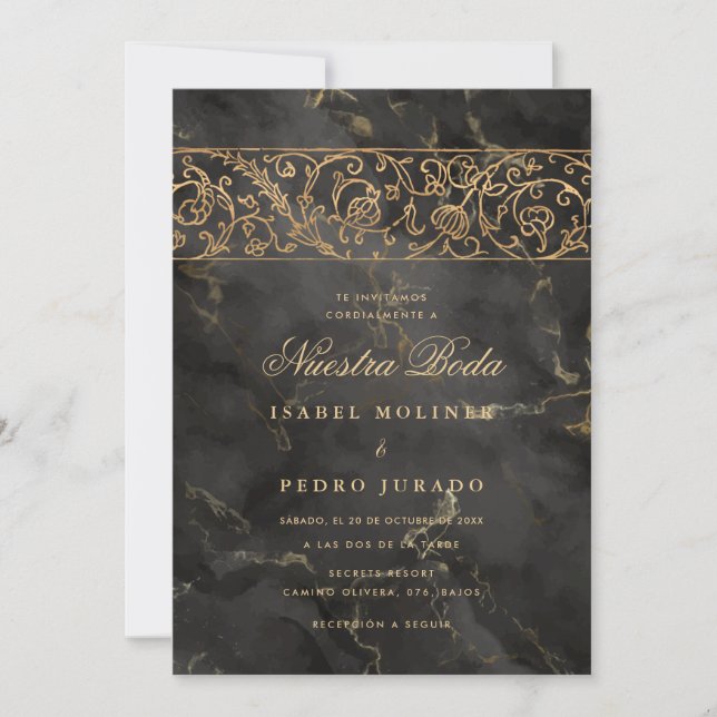 Convite Luxury Gold Black Marble Nuestra Boda Wedding (Frente)