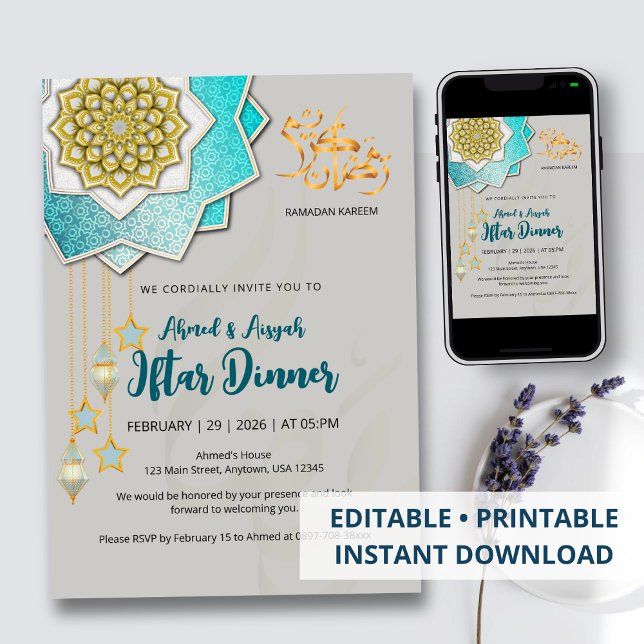 Convite Luxury Gold & Blue Ramadan Iftar Invitation (Criador carregado)