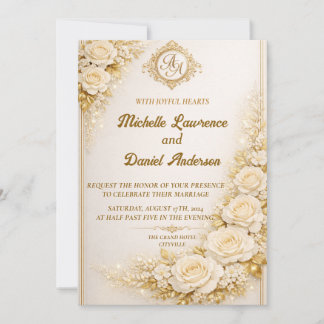 Convite Luxury Gold Floral Wedding with Monogram