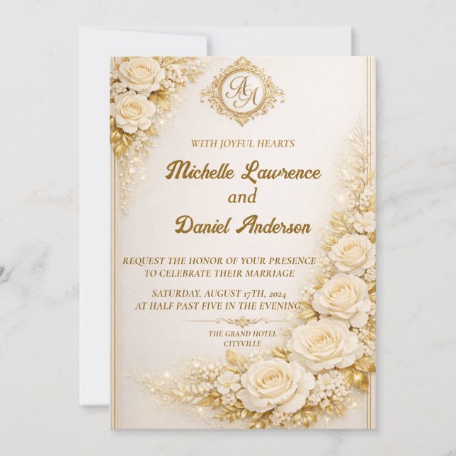Convite Luxury Gold Floral Wedding with Monogram (Frente)
