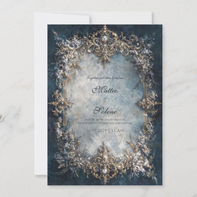 Convite Luxury Gold Frame Dark Teal Floral Baroque Wedding (Frente)