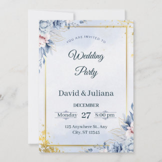 Convite Luxury Gold Frame Navy Blue Floral Wedding Invitat
