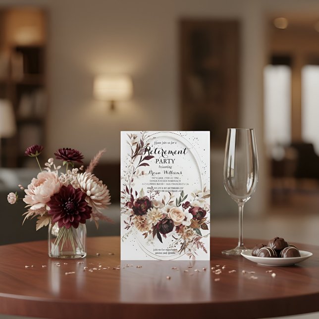 Convite Luxury Gold Geometric Burgundy Floral Retirement I (Criador carregado)