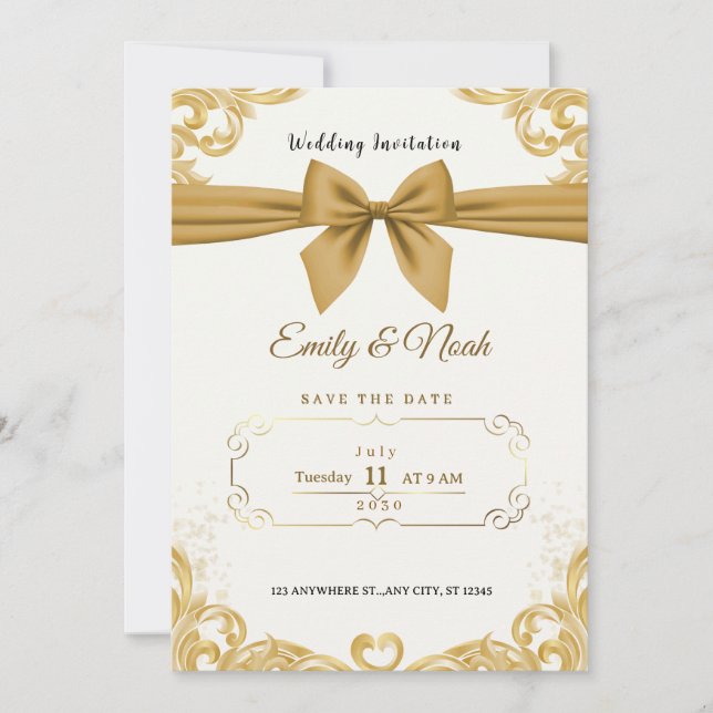 Convite Luxury Gold Ribbon & Bow Elegant Wedding Invite (Frente)
