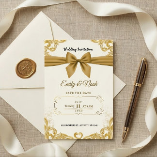 Convite Luxury Gold Ribbon & Bow Elegant Wedding Invite