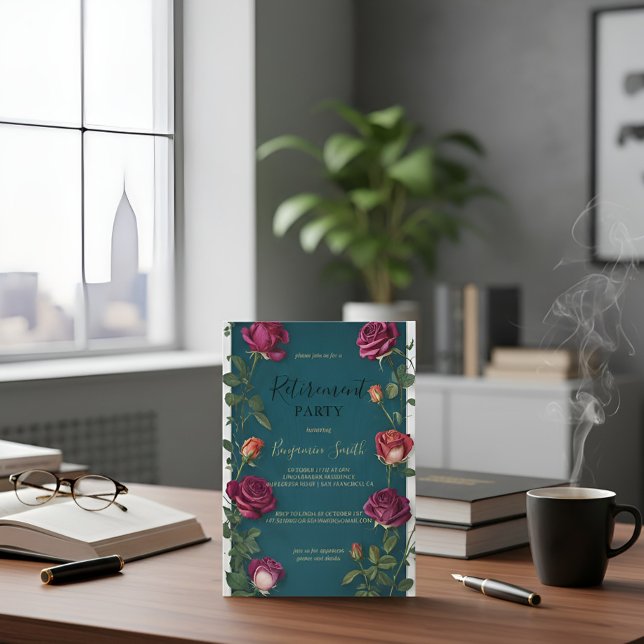 Convite Luxury Gold Text Dark Turquoise Rose Retirement In (Criador carregado)
