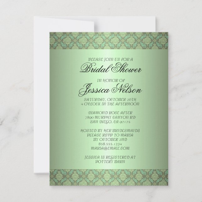 Convite Luxury Green Damask Swirls Bridal (Frente)