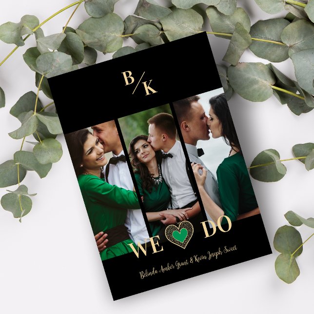 Convite Luxury Green Heart Lace Gold Effect 3 Multi Photos (Luxury Green Heart Fake Lace Golden Effect Simple Classic 3 Photos Collage Wedding Invitation.)