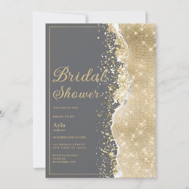 Convite Luxury grey gold glitter classy Bridal Shower (Frente)
