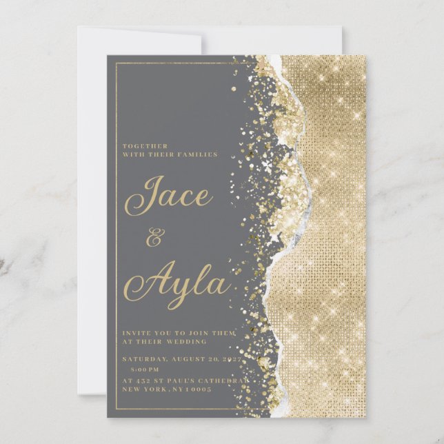 Convite Luxury grey gold glitter classy Wedding (Frente)